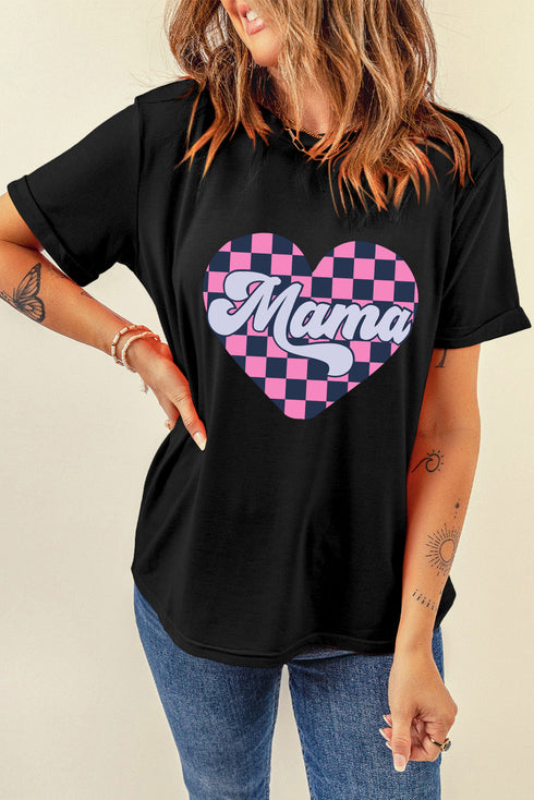 Black Mama Checkered Heart Shape Print Crewneck T Shirt